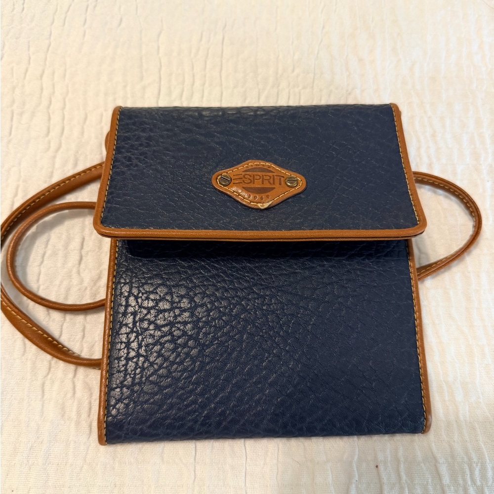 Vintage Esprit Blue and Brown Leather Crossbody Bag